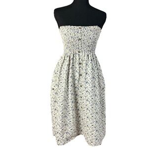 MNG Mango 100% Linen Dress XL Blue Floral Smocked Strapless Button Front Midi